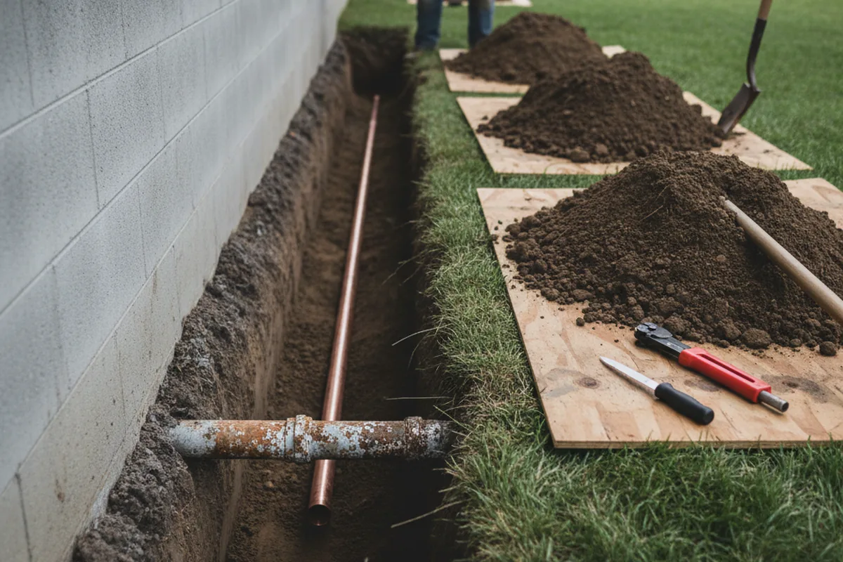 Excavated water line trench during Water Softener Installation in Captiva